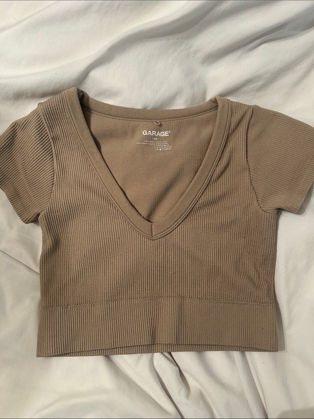 Garage Cropped Ribbed V-Neck Top - Taupe
